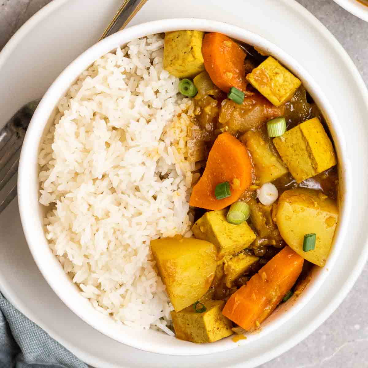 a very tasty bowl filled with rice and a brown japanese curry with tasty carrots, potatoes and soft tofu